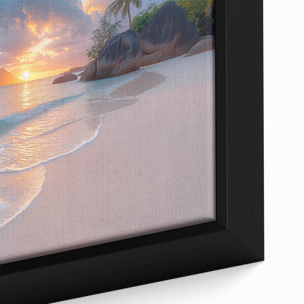 Extra large framed canvas featuring a textured depiction of Seychelles in vibrant, colorful art, ideal for living room decor.