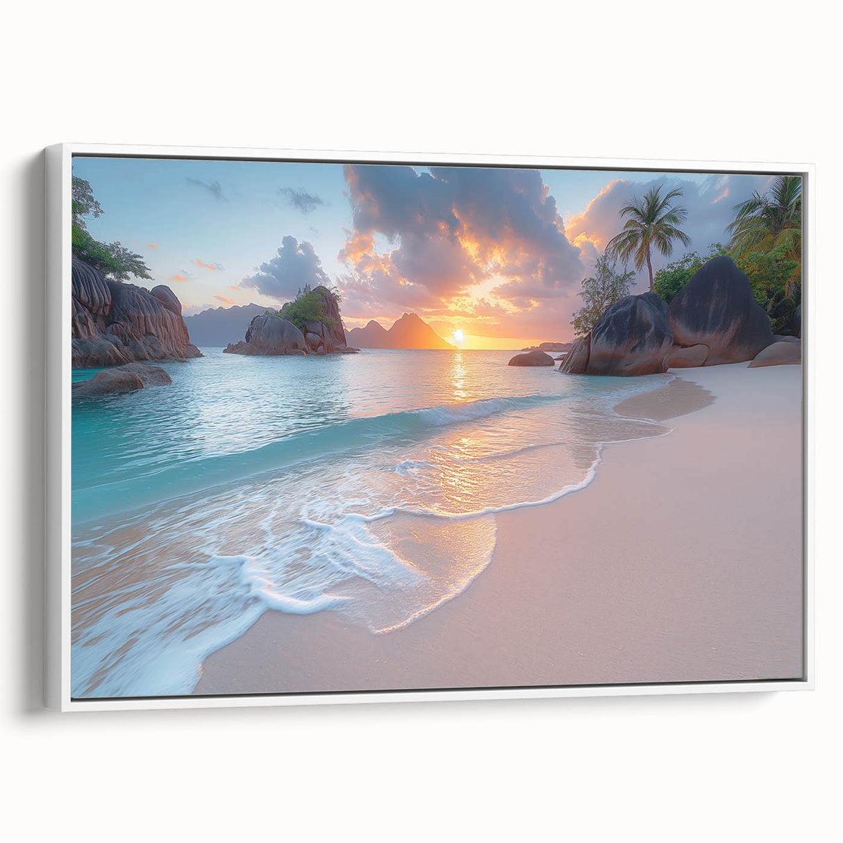 Vintage poster art of Seychelles scenery on extra large framed canvas with vibrant colors, ideal for living room decor.