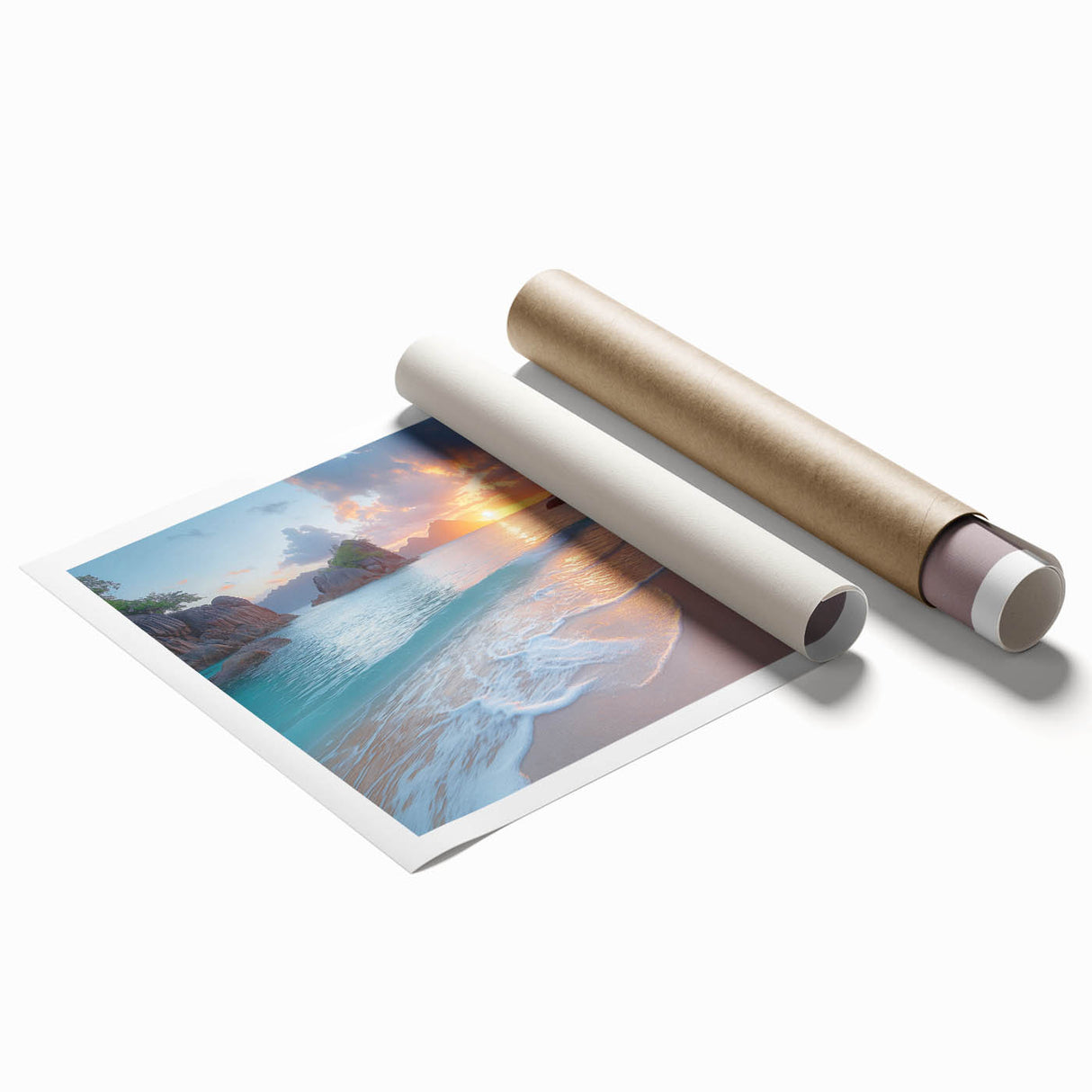 Extra large rolled print of Seychelles scenery with vibrant floral elements, ideal for classy bathroom wall art.
