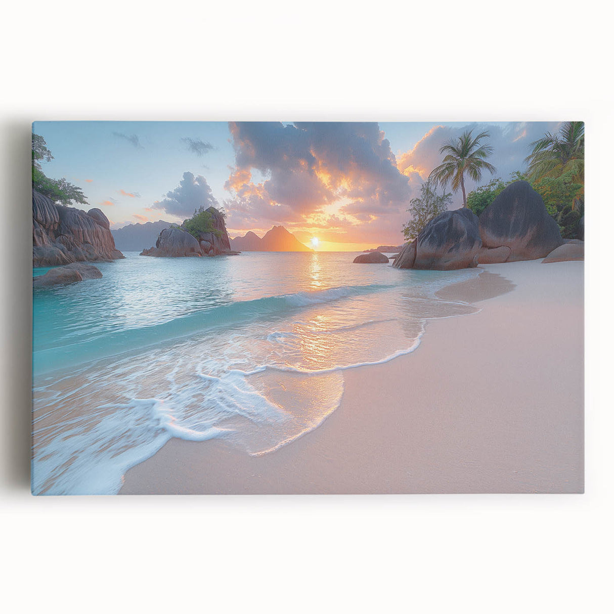 Black and white stretched canvas featuring a serene Seychelles beach scene, ideal for kitchen wall art or bedroom ambiance.