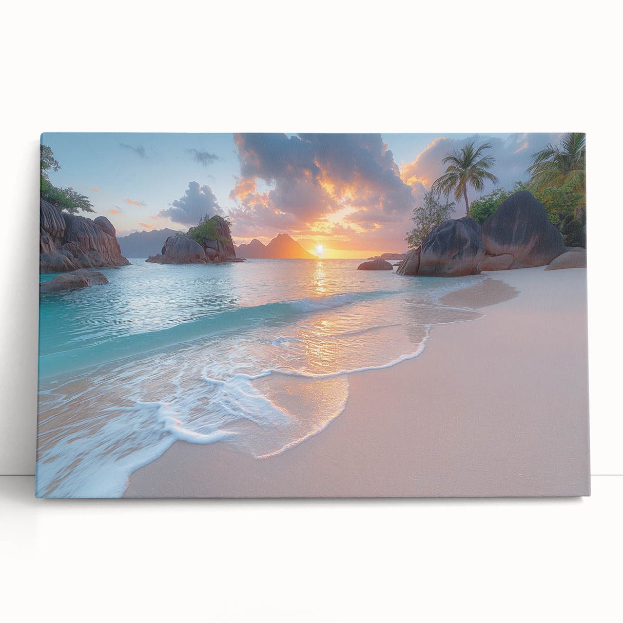 Large black and white photo of Seychelles scenery on stretched canvas, ideal for kitchen wall art.