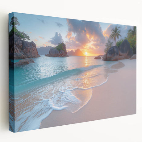 Side view of a stretched canvas depicting a serene Seychelles landscape, ideal for kitchen wall art.