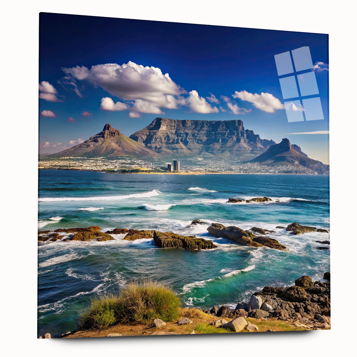 Large abstract wall art depicting an African scenery in muted earth tones on acrylic glass.