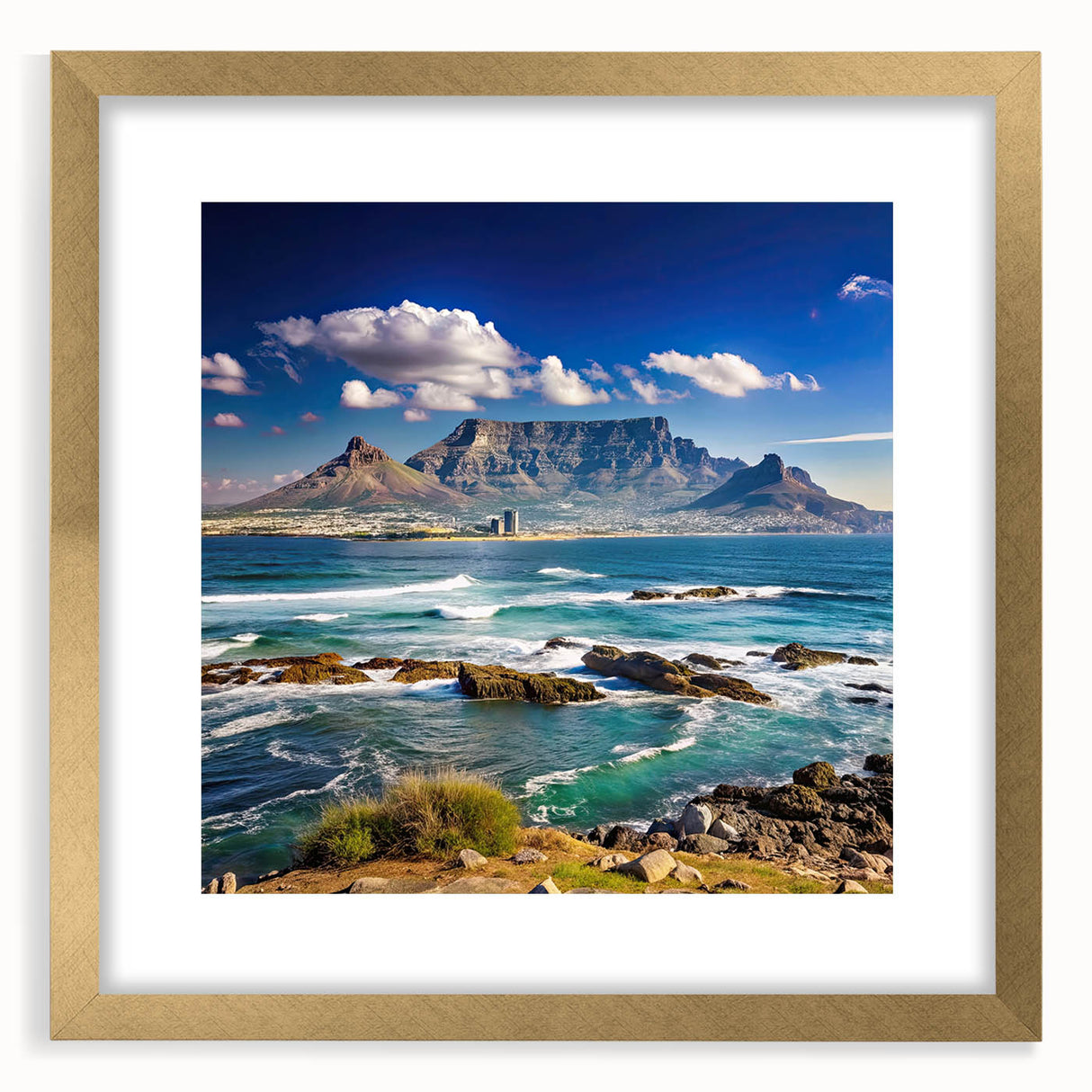 Extra large abstract art print featuring textured scenery of Southern Africa in a gold frame, suited for living room decor.