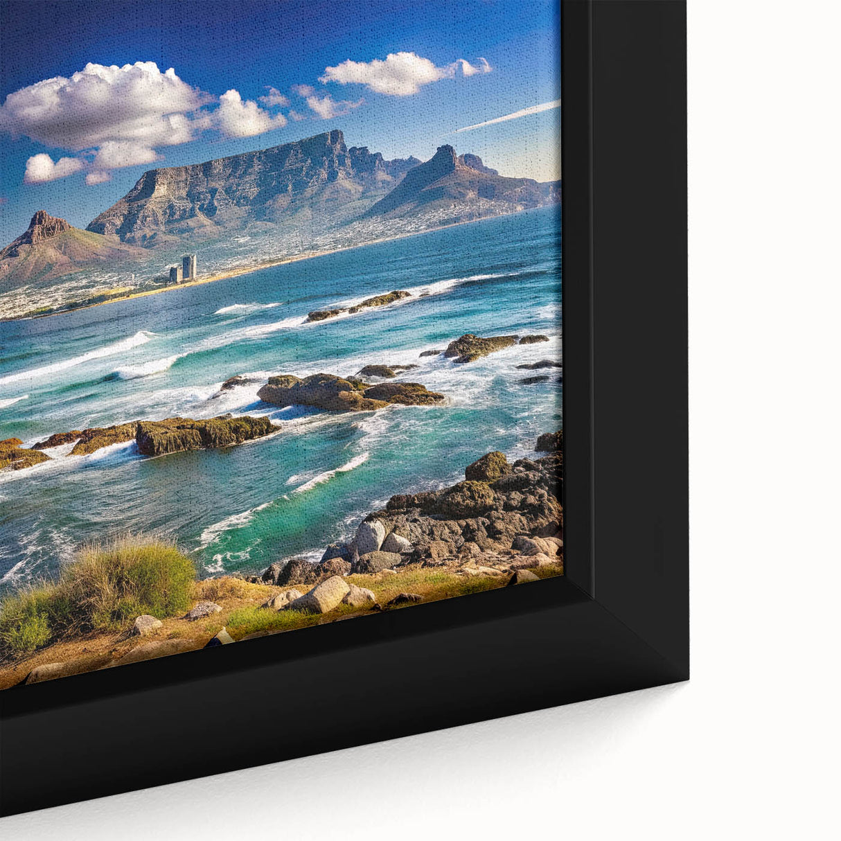 Extra large framed canvas featuring a textured depiction of a South African landscape in vibrant, colorful art tones.