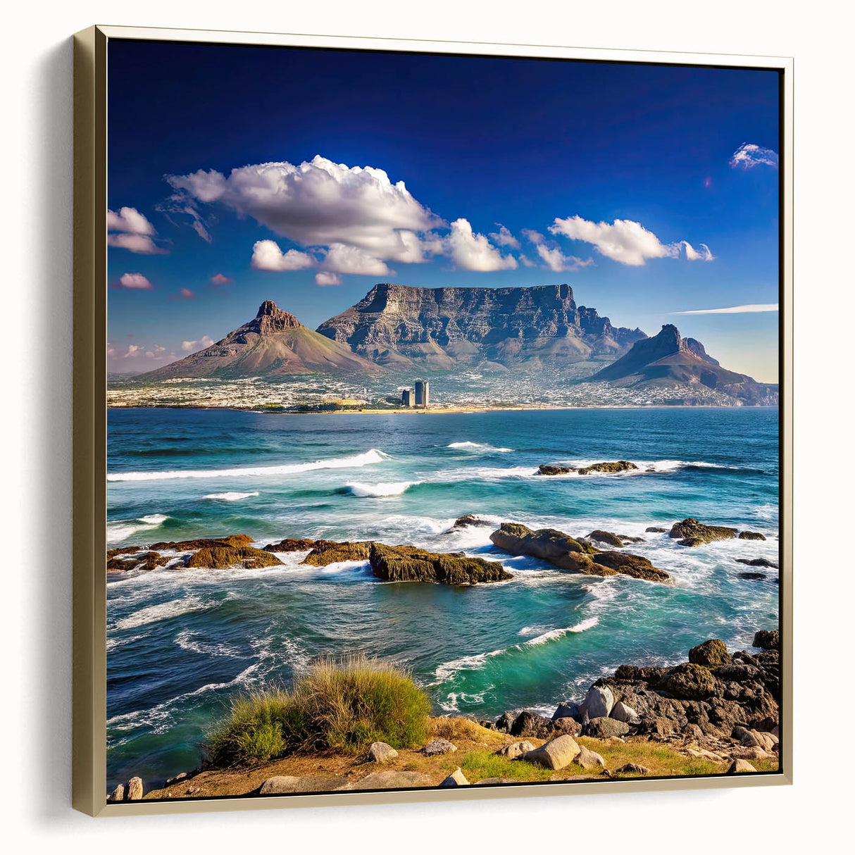 Framed canvas featuring a vintage-style landscape of the South African scenery in silver and gold tones.