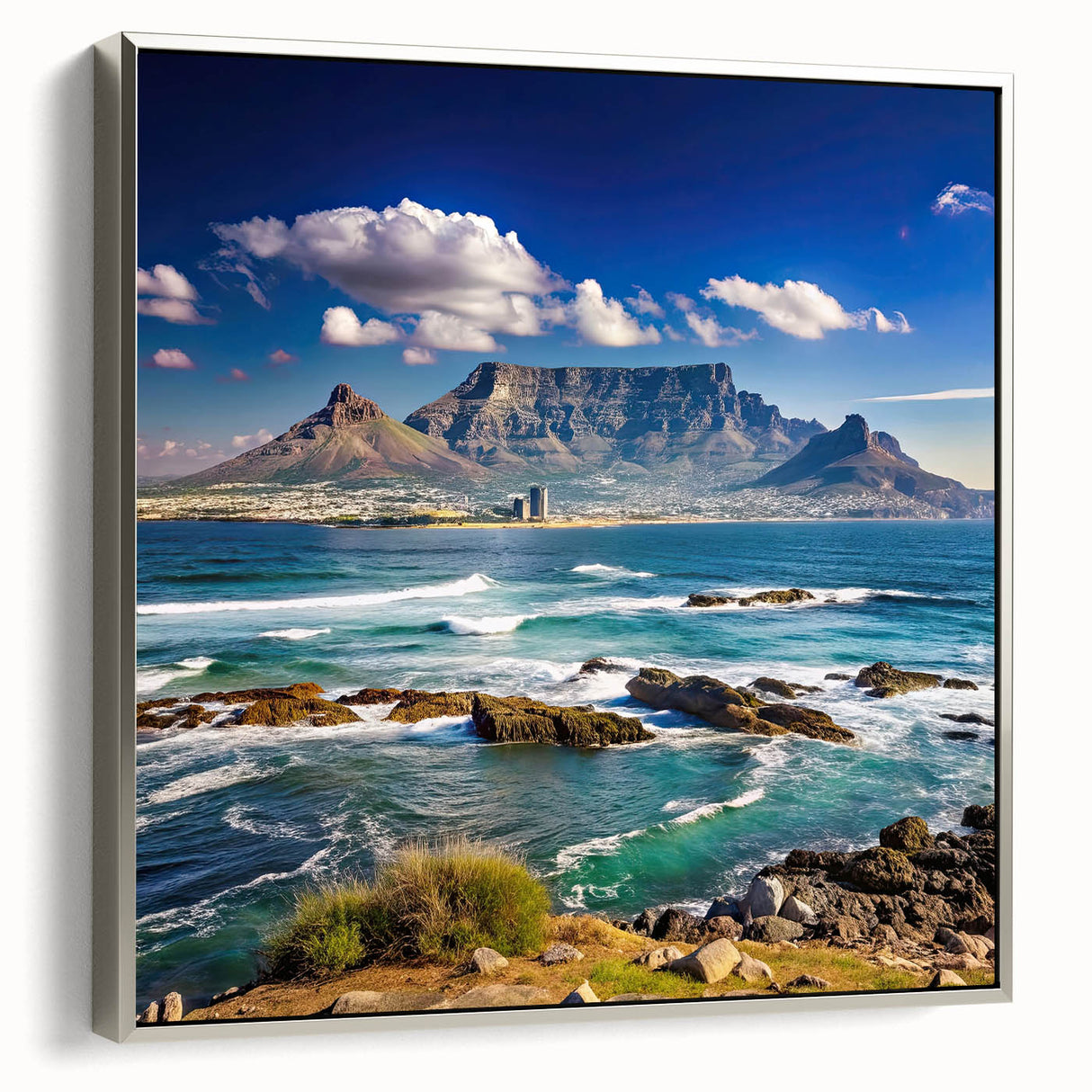 Landscape art painting of a colorful African savannah on a silver-framed canvas, suitable for living room decor.