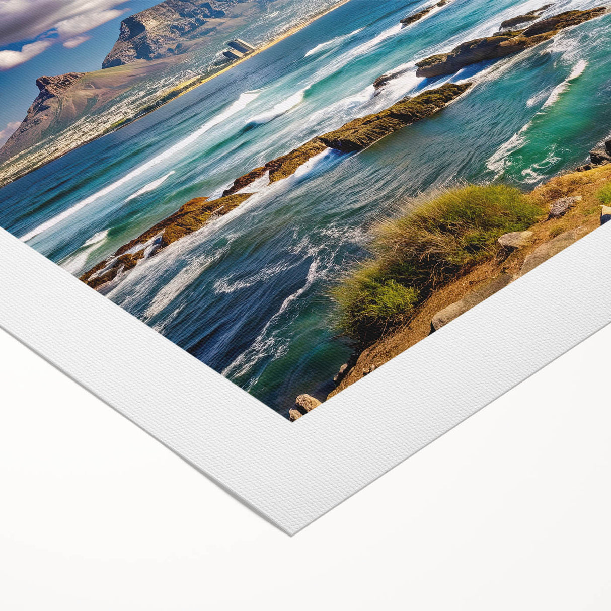 Art deco style poster of a South African landscape in muted earth tones on rolled canvas, suitable for dining room decor.