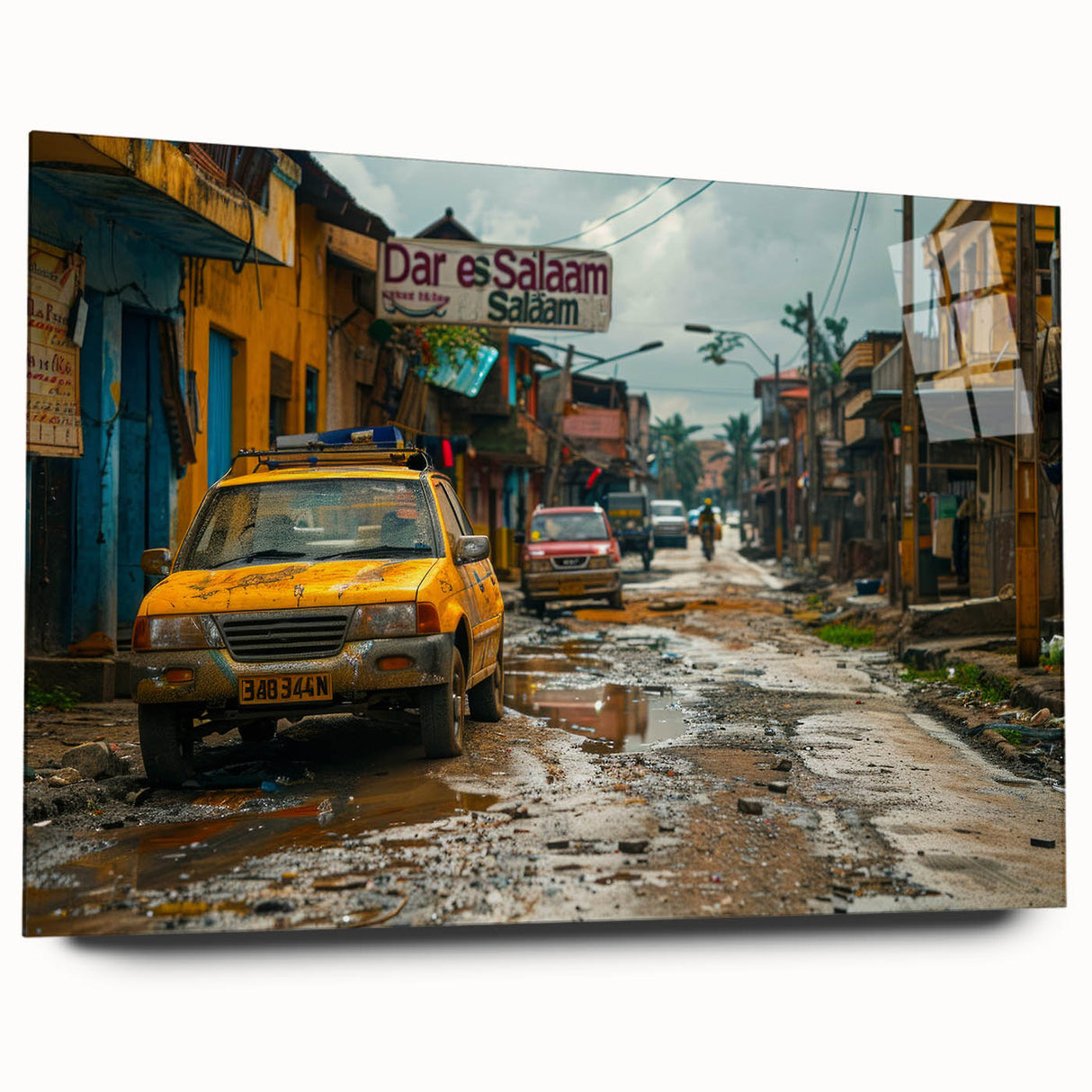 Large abstract wall art depicting a Tanzanian landscape in muted earth tones on acrylic glass.