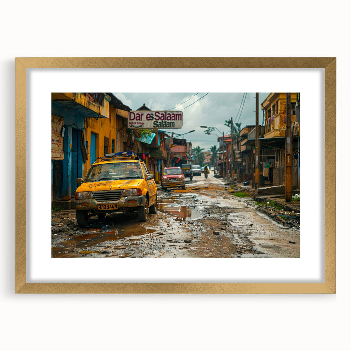 Extra large abstract art print depicting a textured African scenery in earthy tones, framed in gold.