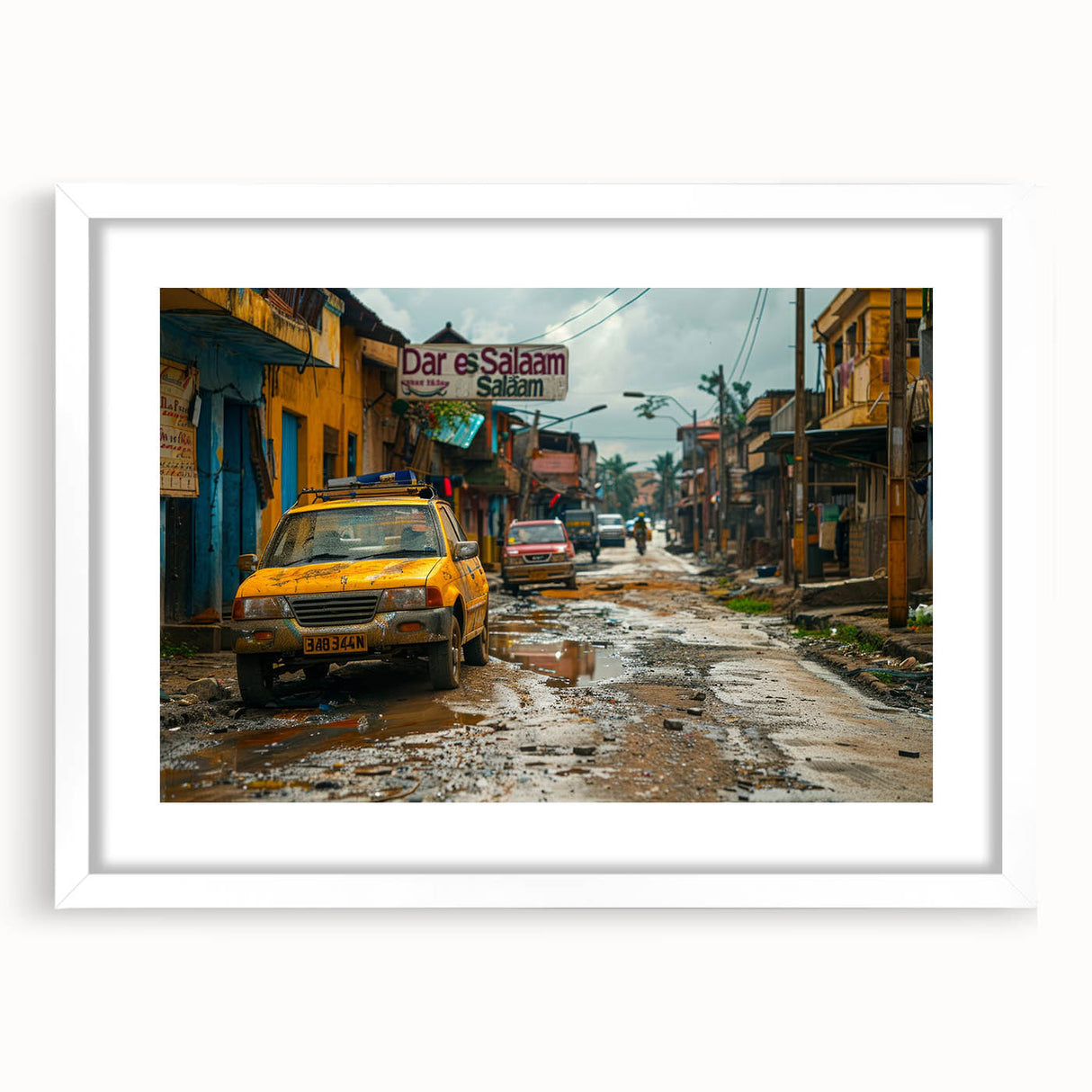 Abstract art print depicting a serene Tanzanian landscape in soft earth tones on a framed white canvas.