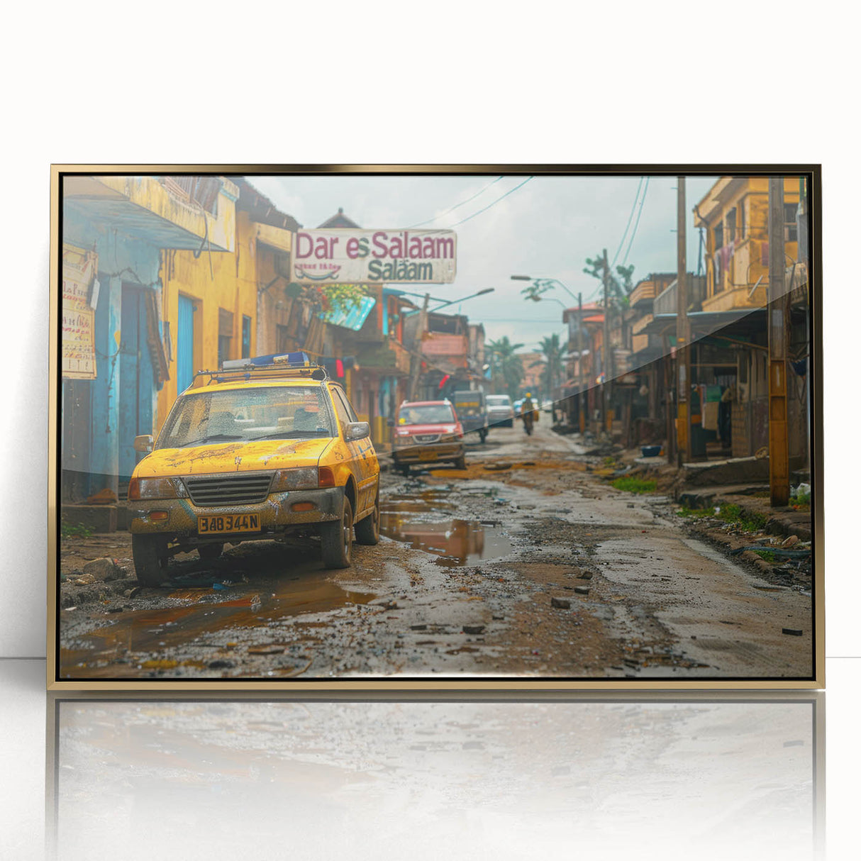 Large art print of a Tanzanian landscape on framed acrylic, featuring mid-century modernist style with gold and earth tones.