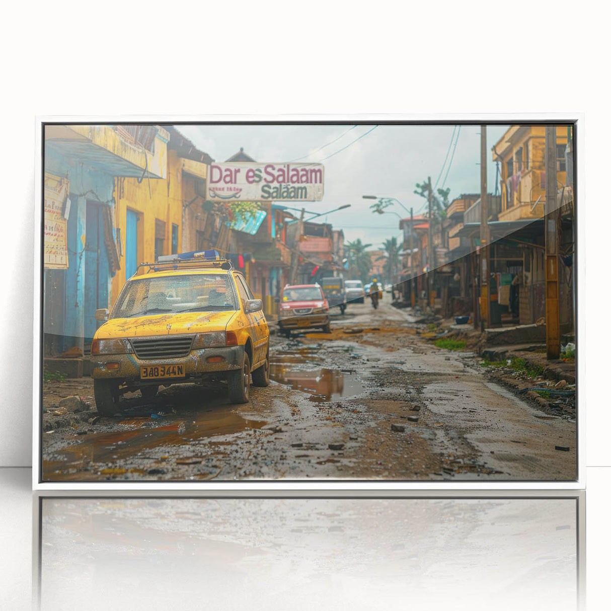 Acrylic print of a Tanzanian landscape featuring a serene savannah under a vast sky, in muted earth tones.
