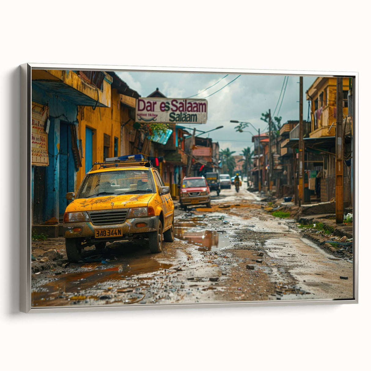 Silver-framed canvas depicting a colorful Tanzanian landscape, suitable as vibrant living room wall art.
