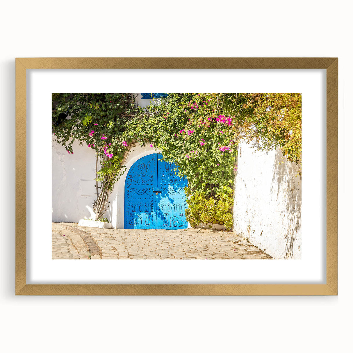 Extra large abstract art print of a textured African Tunisian landscape in muted earth tones, framed in gold.