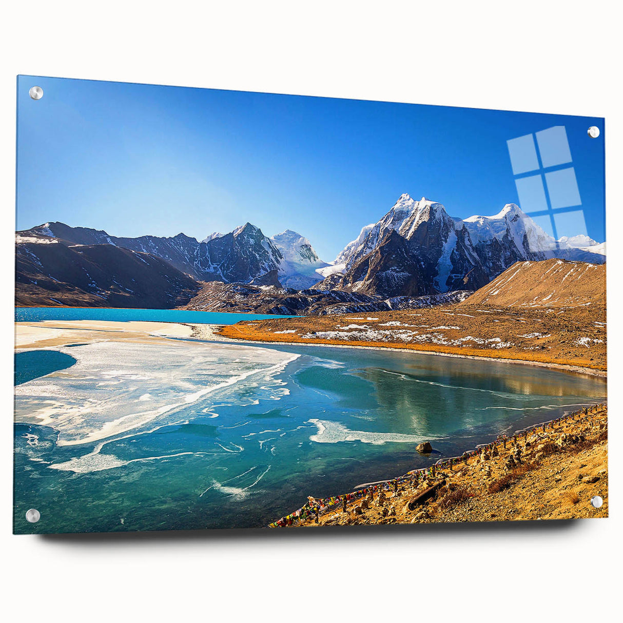 Large abstract wall art depicting a misty mountain scene in muted blue and green tones, printed on acrylic glass.