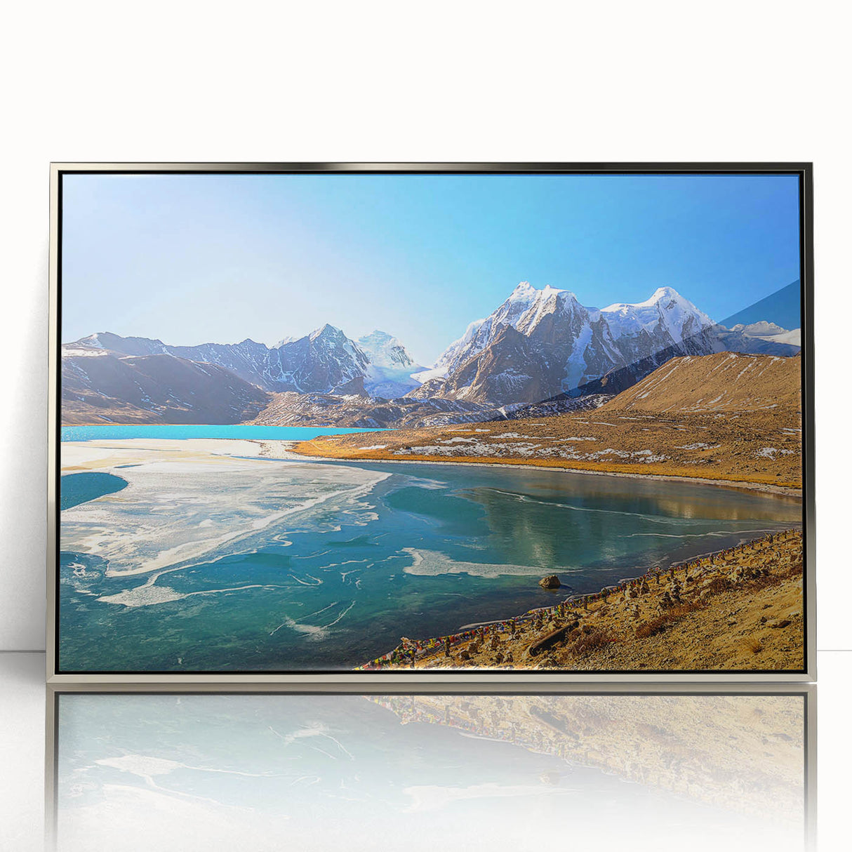 Mid-century modernist art depicting an Indian landscape in muted earth tones on a framed acrylic print.