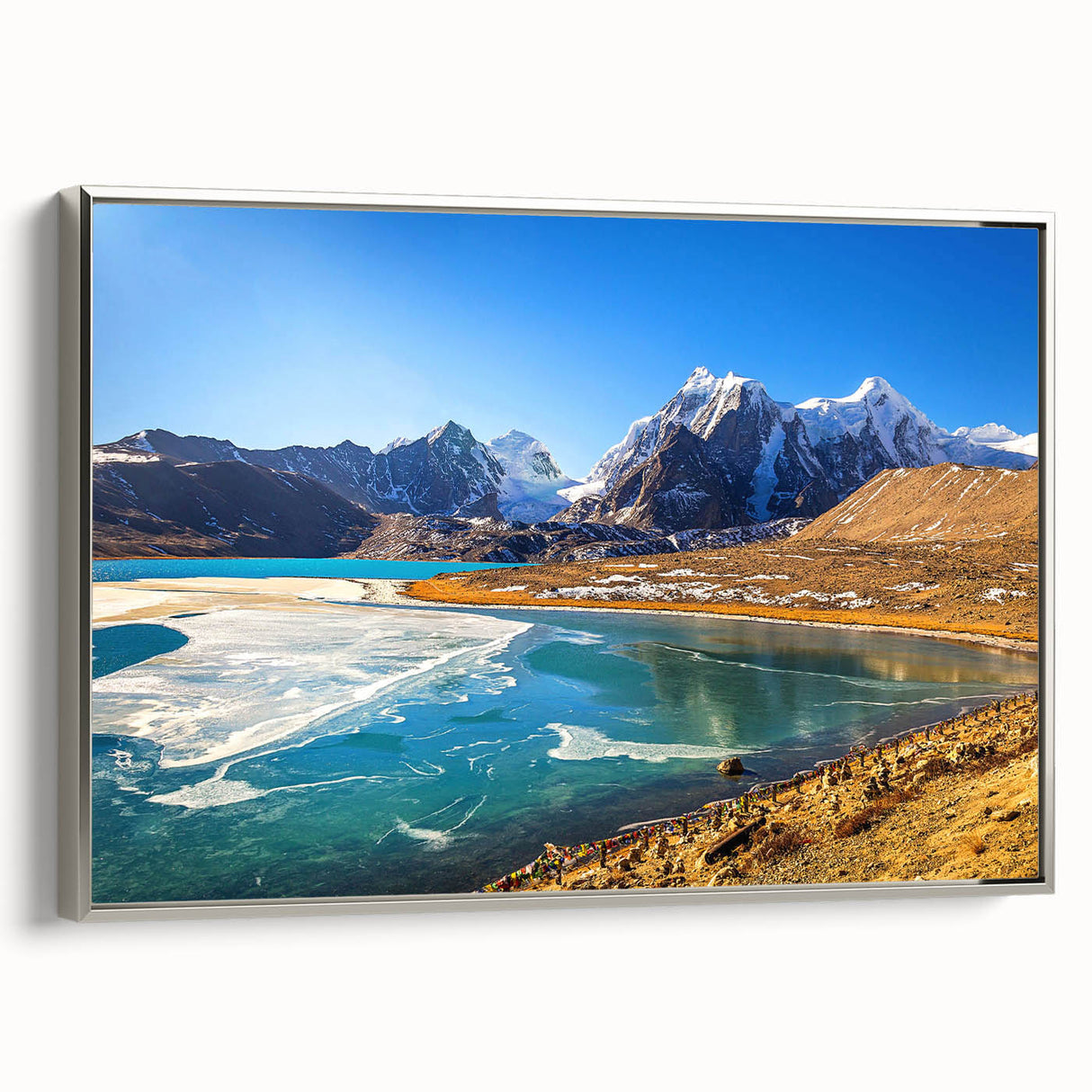 Framed canvas landscape art painting depicting a colorful Indian scenery in vintage poster style.