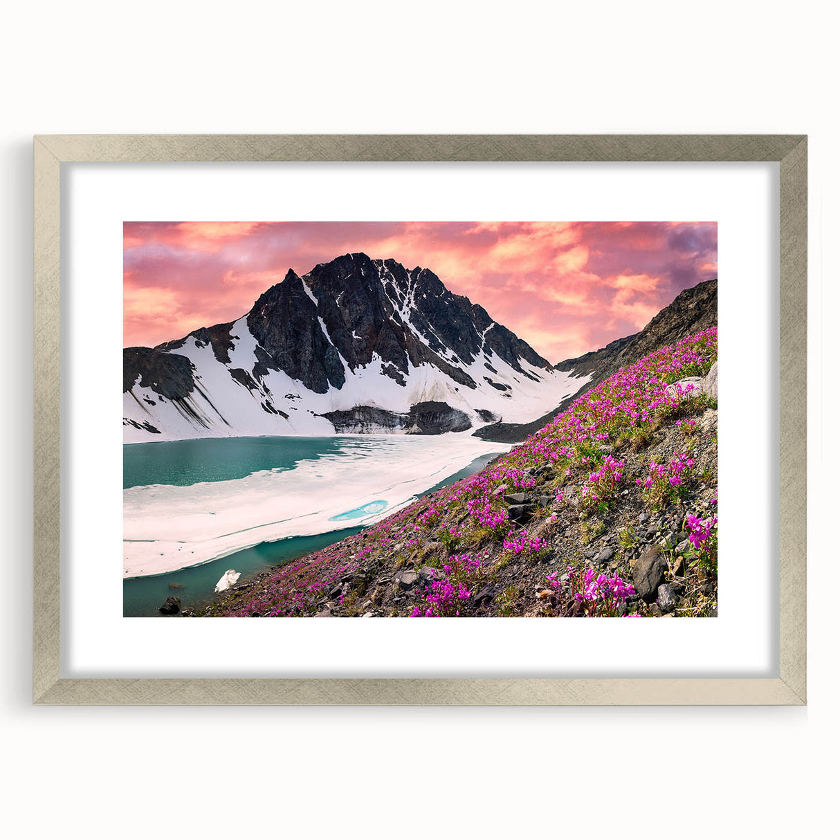 Textured abstract art print of Yukon scenery in muted earth tones, framed in silver, suitable for bedroom decor.
