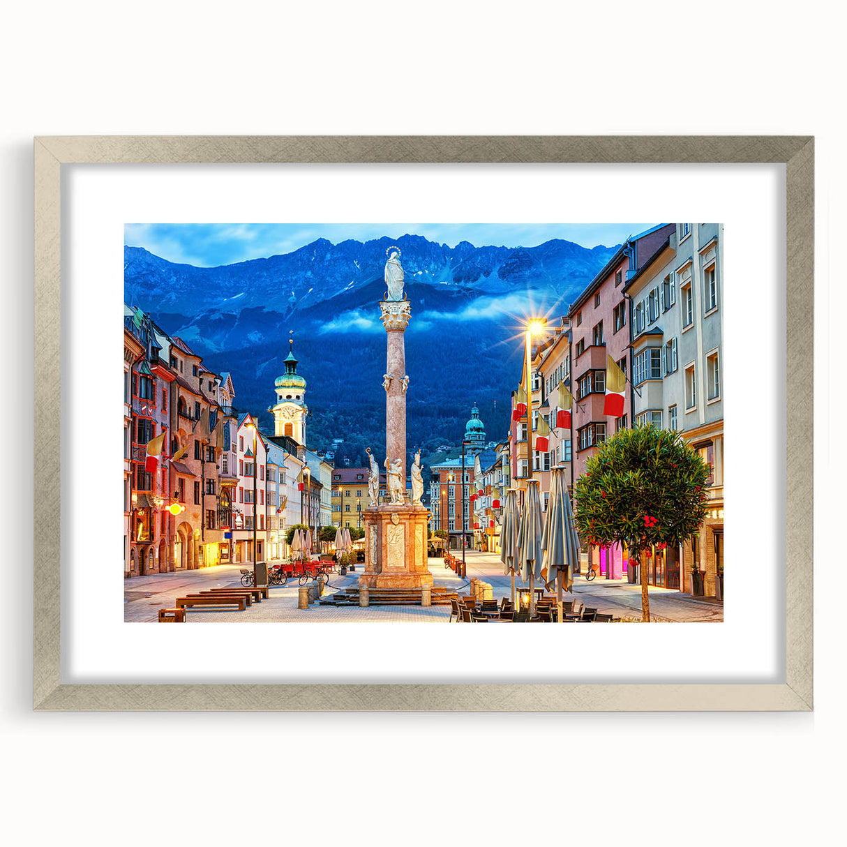 Extra large abstract art print of a textured European scenery in muted earth tones, framed in silver.