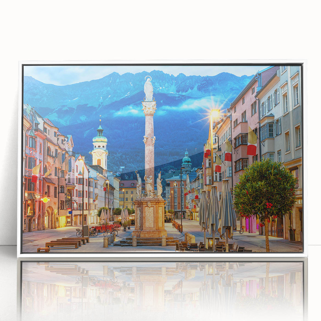 Mid-century modernist art of an Austrian landscape in muted earth tones on framed acrylic, suitable for nursery wall art.