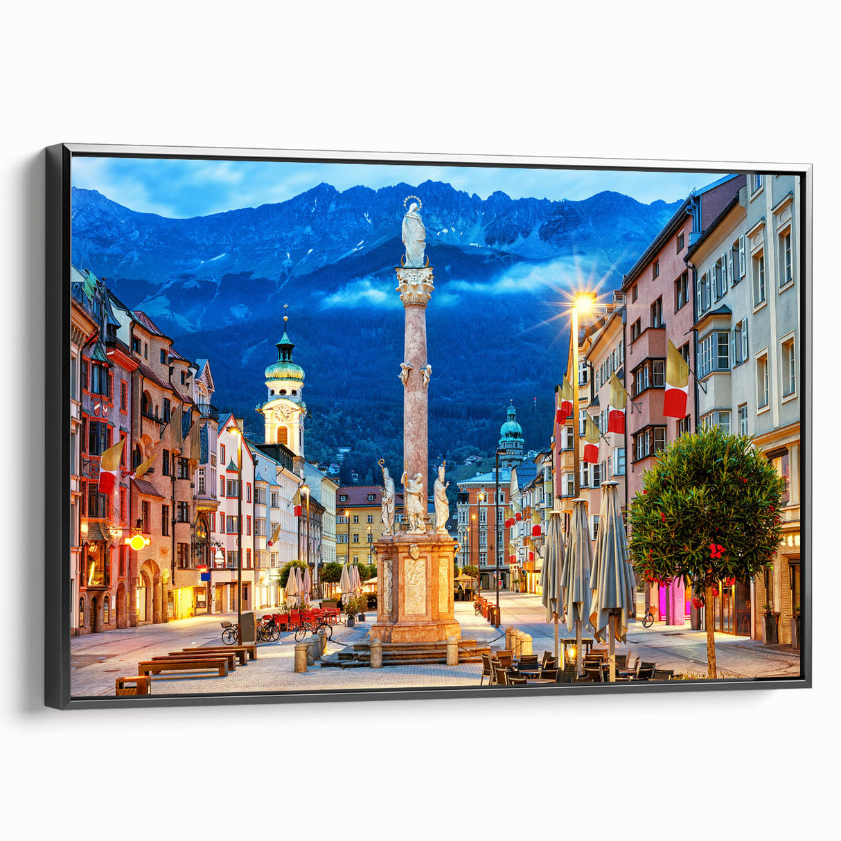 Black and white framed canvas featuring a vintage-style landscape of an Austrian scenery, ideal for bedroom wall art.