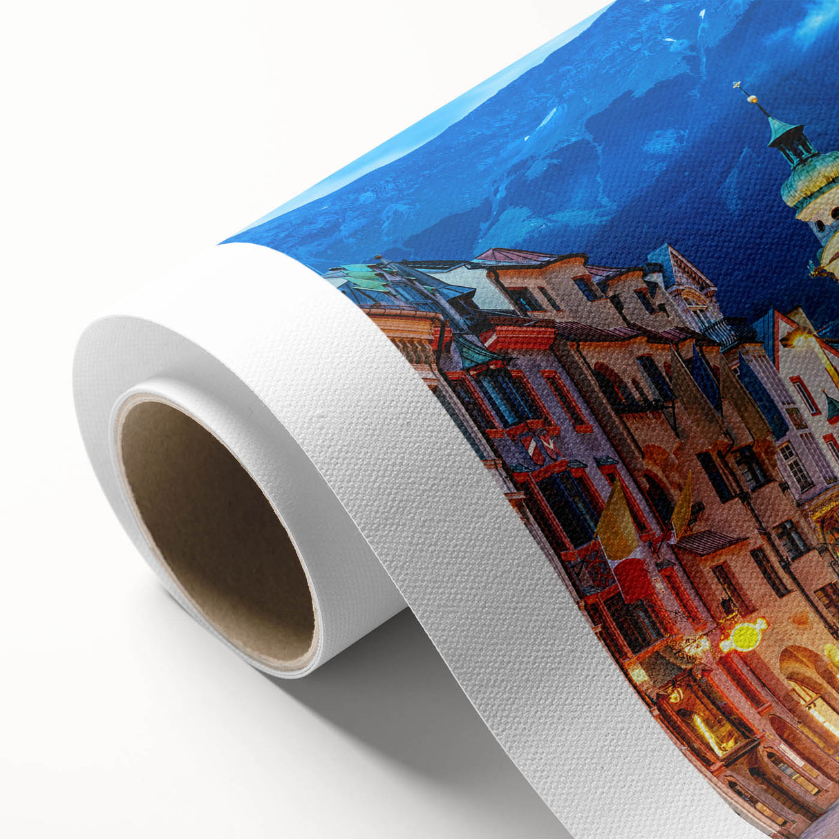 Art Deco style poster of European scenery in muted earth tones on rolled canvas, ideal for nursery wall art.