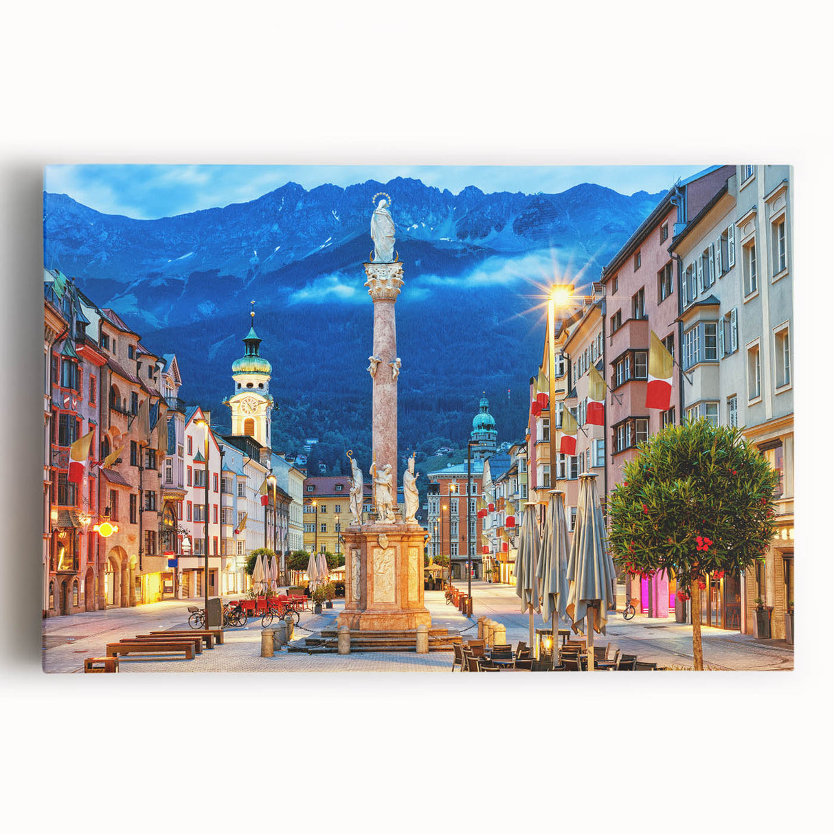 Black and white photograph of a European cityscape on stretched canvas, suitable as large kitchen wall art or bedroom decor.