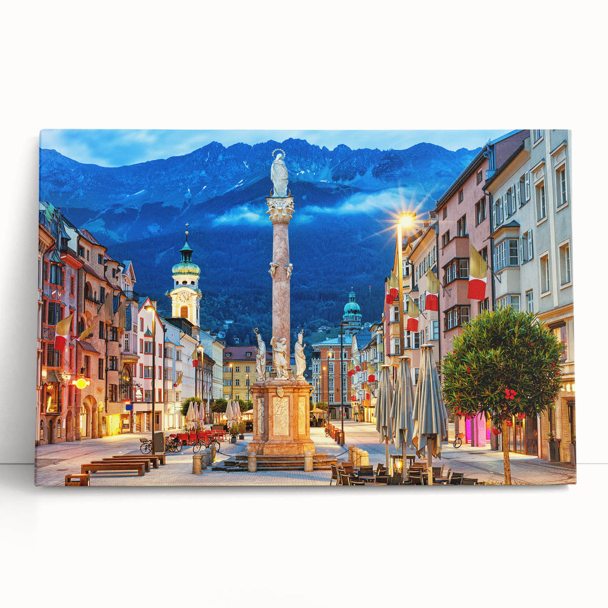 Black and white stretched canvas of a scenic Austrian landscape, ideal for kitchen wall art.
