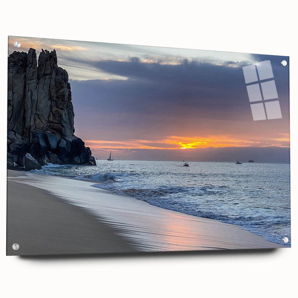 Acrylic print of Baja California scenery, featuring ocean hues and abstract design, ideal for bedroom or dining room decor.