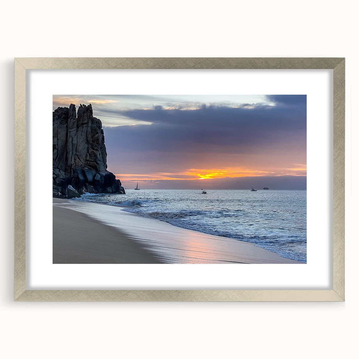 Extra large abstract art print of Baja California scenery in textured silver frame, ideal for living room decor.