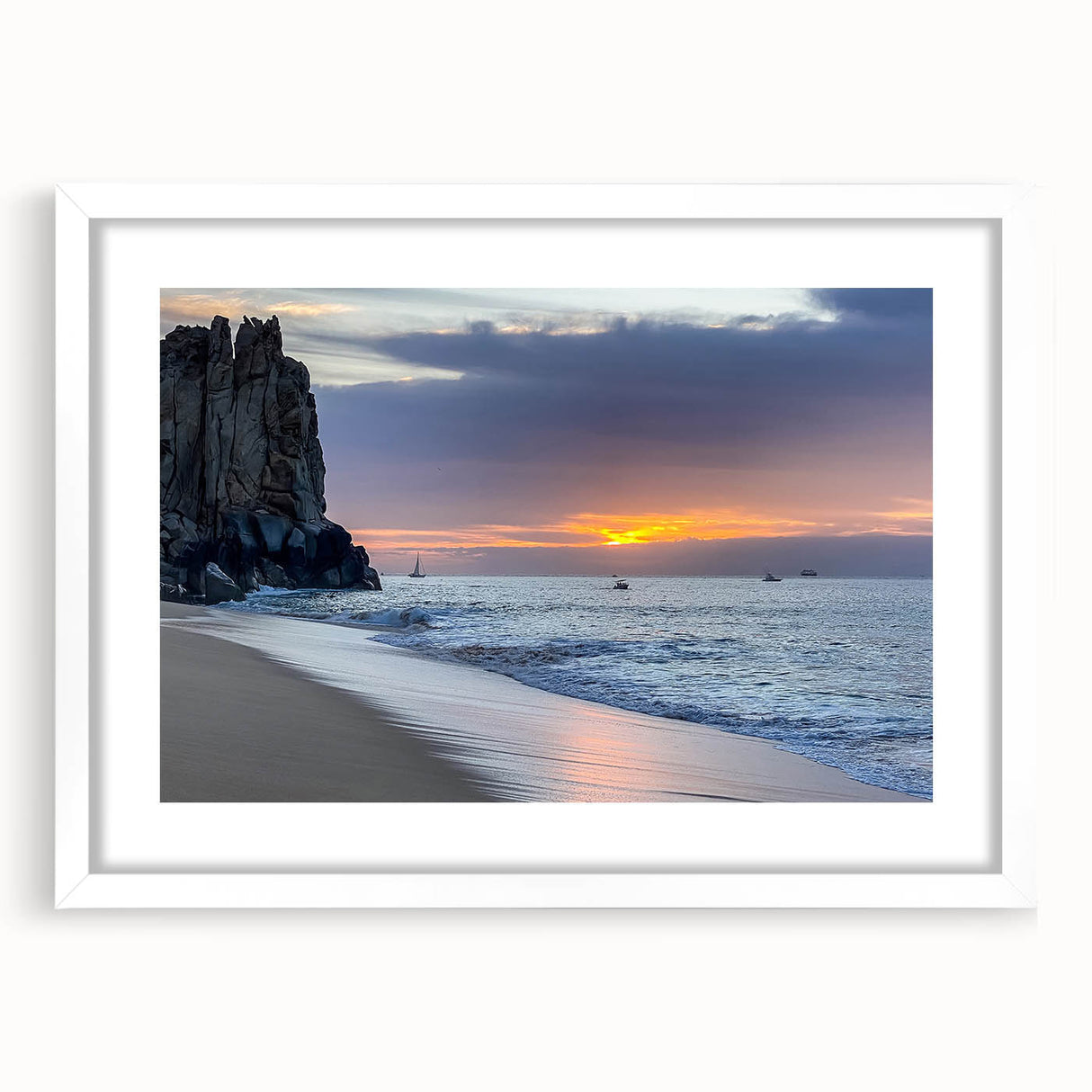 Textured abstract art print of Baja California scenery in muted earth tones, framed with a white mat.