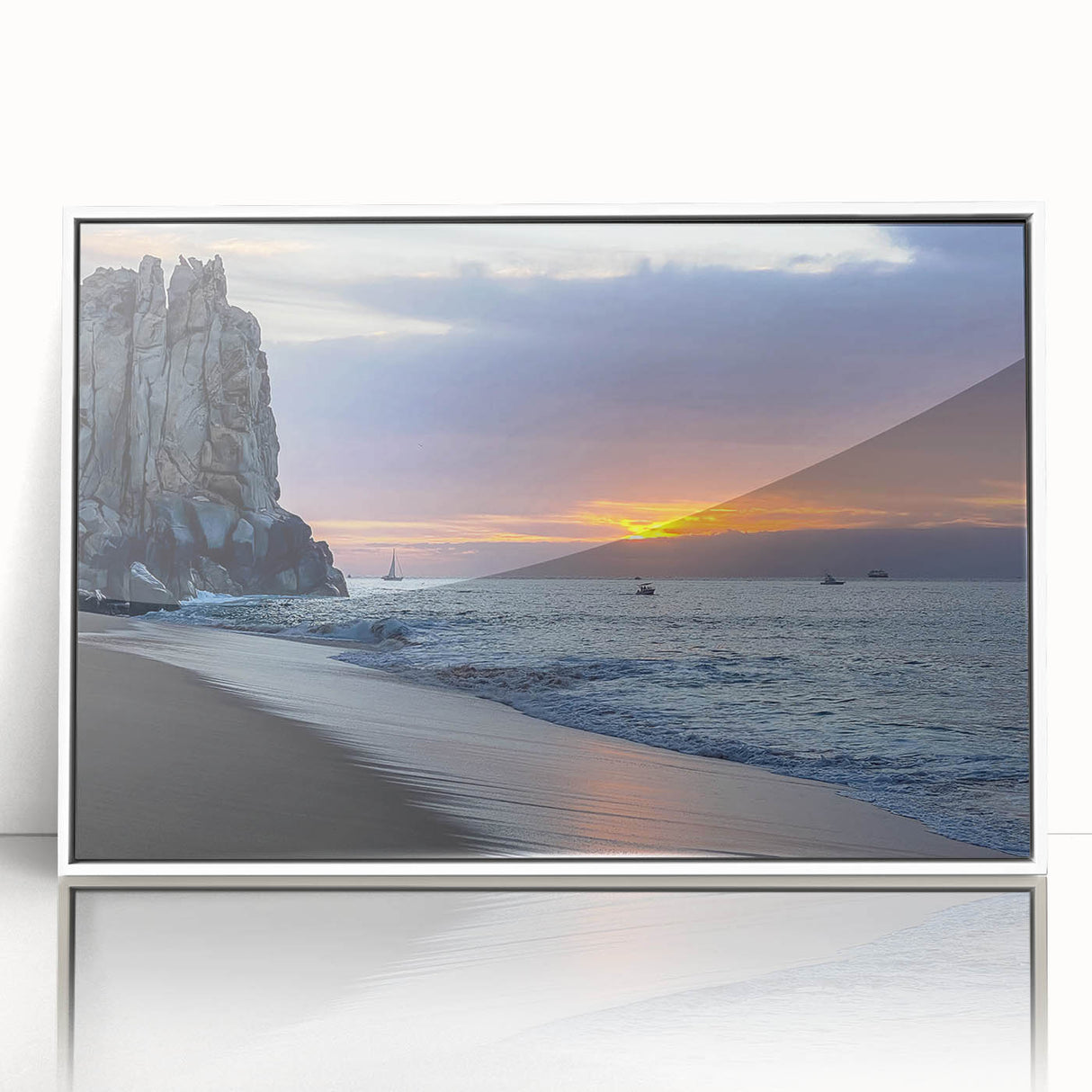 Art deco poster of Baja California scenery in muted blue and beige tones, framed acrylic, ideal for modern art wall decor.