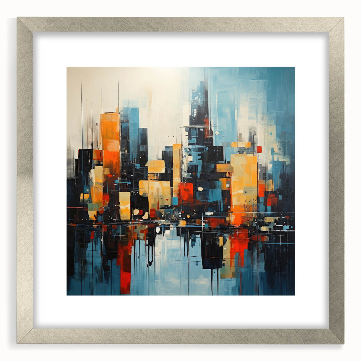 Textured abstract art print of Manhattan skyline in muted gray and silver tones, framed with a silver mat.