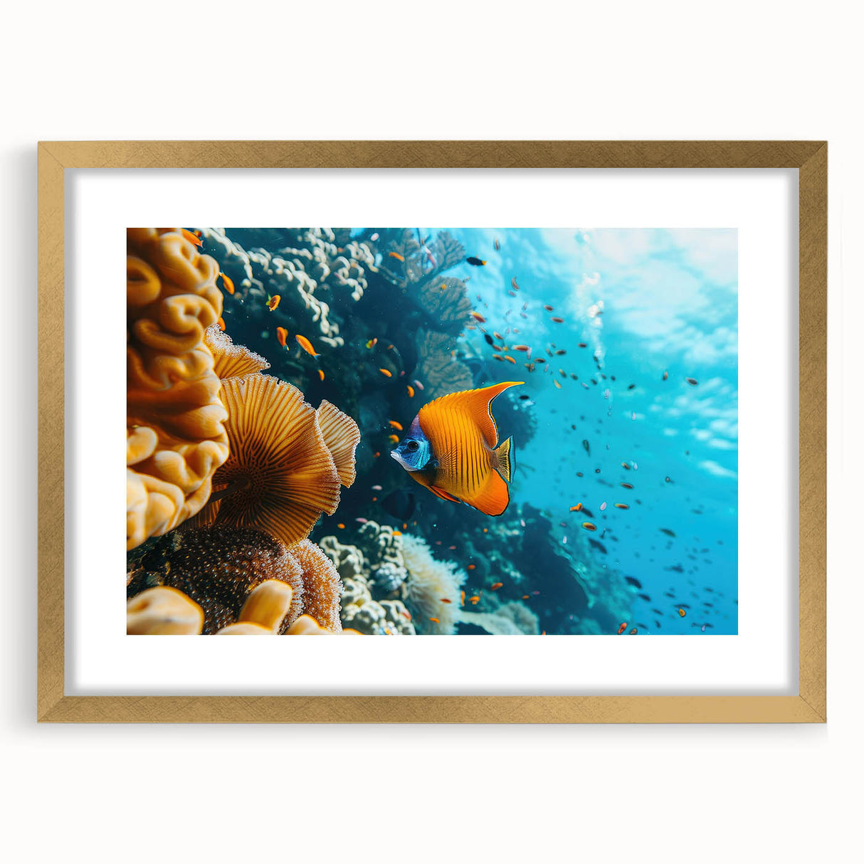 Abstract textured art print of a stylized Mauritius scenery in gold frame, ideal for bedroom art.