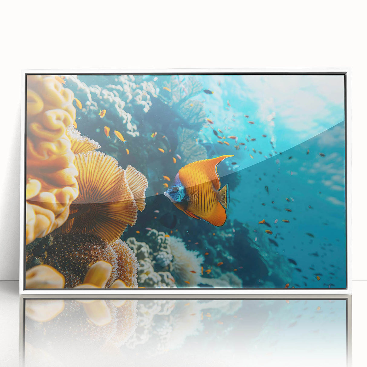 Framed acrylic print of a Mauritius landscape in muted earth tones, ideal for modern art wall decor.