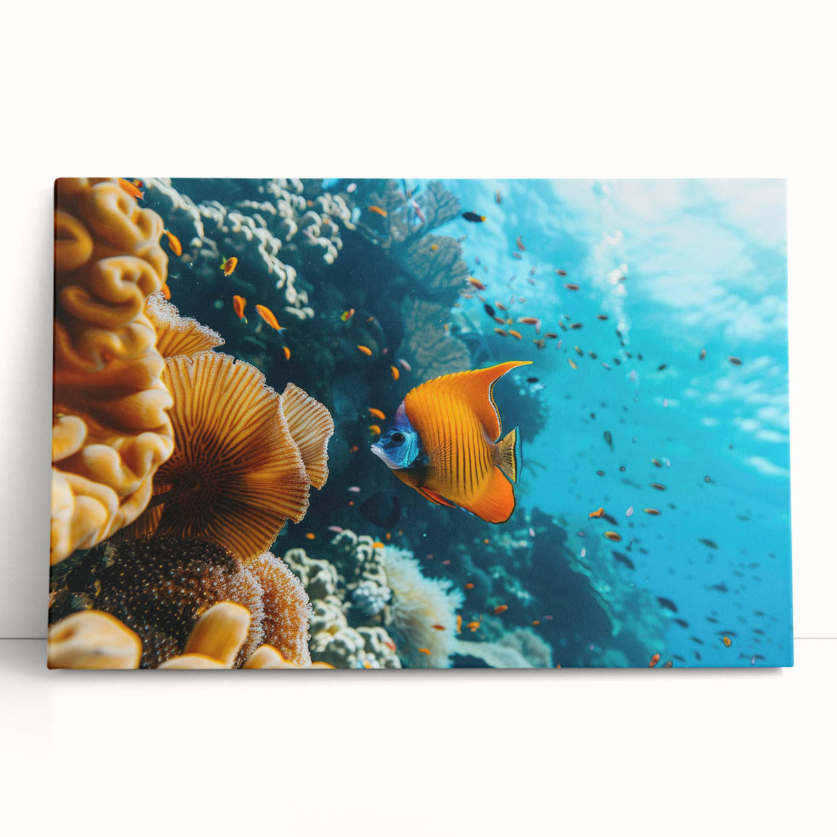 A black and white photograph on stretched canvas, depicting a serene Mauritius landscape.