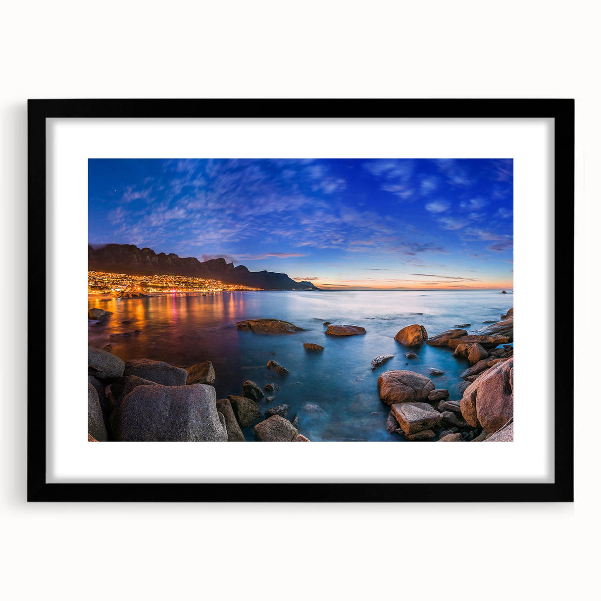 Extra large abstract art print featuring a colorful African landscape, textured finish on a black framed canvas.