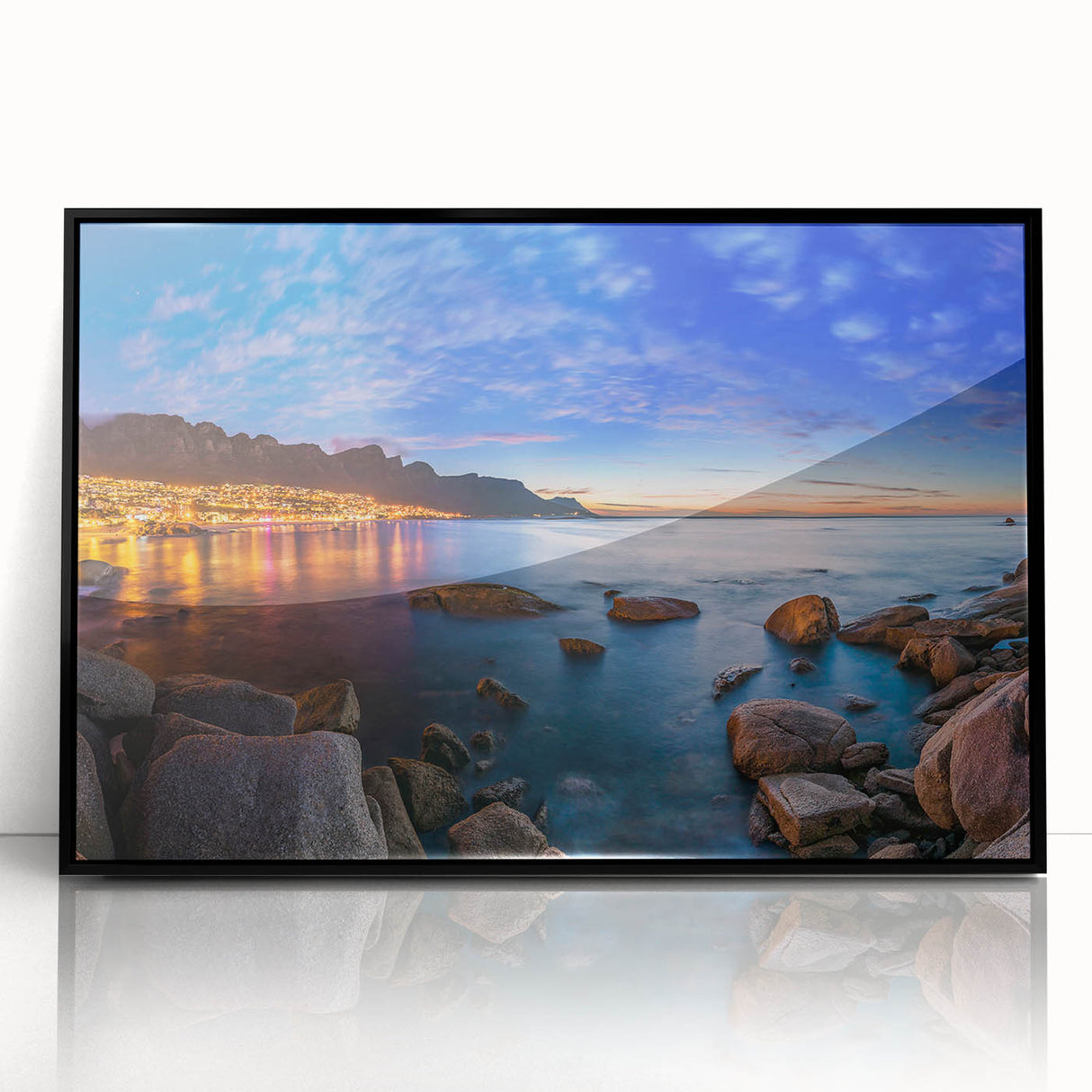 Large abstract wall art depicting an African scenery in black and white, framed acrylic.