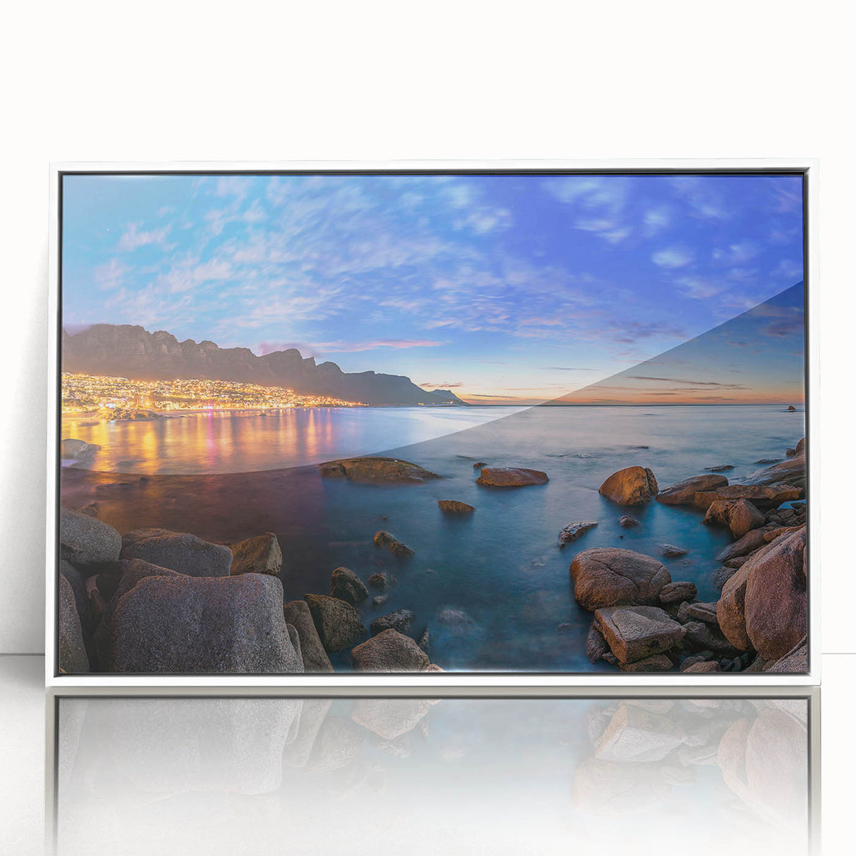 Acrylic print of a South African landscape in muted earth tones, framed in white, suitable for modern art wall decor.