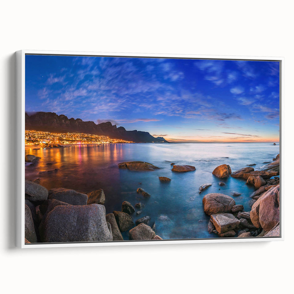 Vintage poster art of a South African scenery on framed canvas, featuring a palette of vibrant, colorful art.