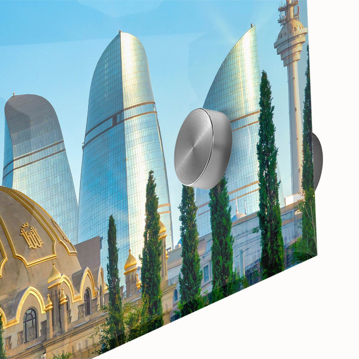 Large abstract wall art featuring a mid-century modernist design in vibrant hues on acrylic glass, ideal for dining room art.