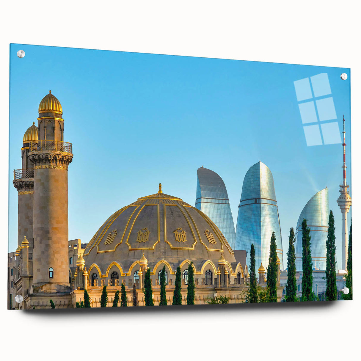 Large abstract wall art depicting an Asian landscape in muted earth tones on acrylic glass.