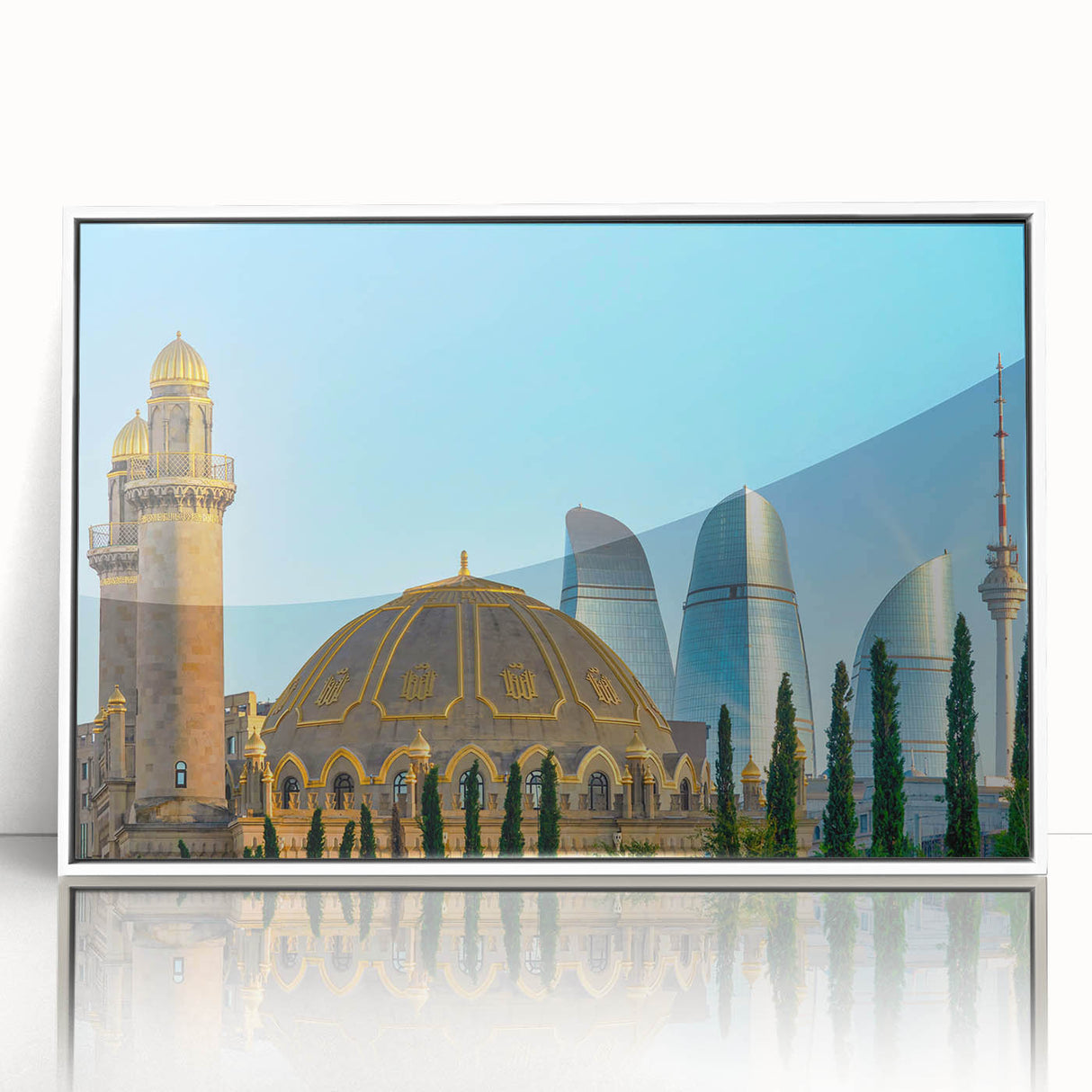 Art deco poster of Asian scenery in Azerbaijan, displayed in a white acrylic frame, ideal for modern nursery wall art.