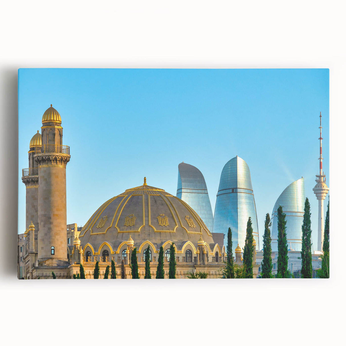 Black and white stretched canvas featuring a panoramic view of an Azerbaijani landscape, ideal for kitchen art.