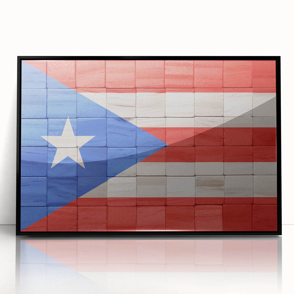 Large abstract wall art of a Caribbean Puerto Rican scenery in muted earth tones, framed in black acrylic.