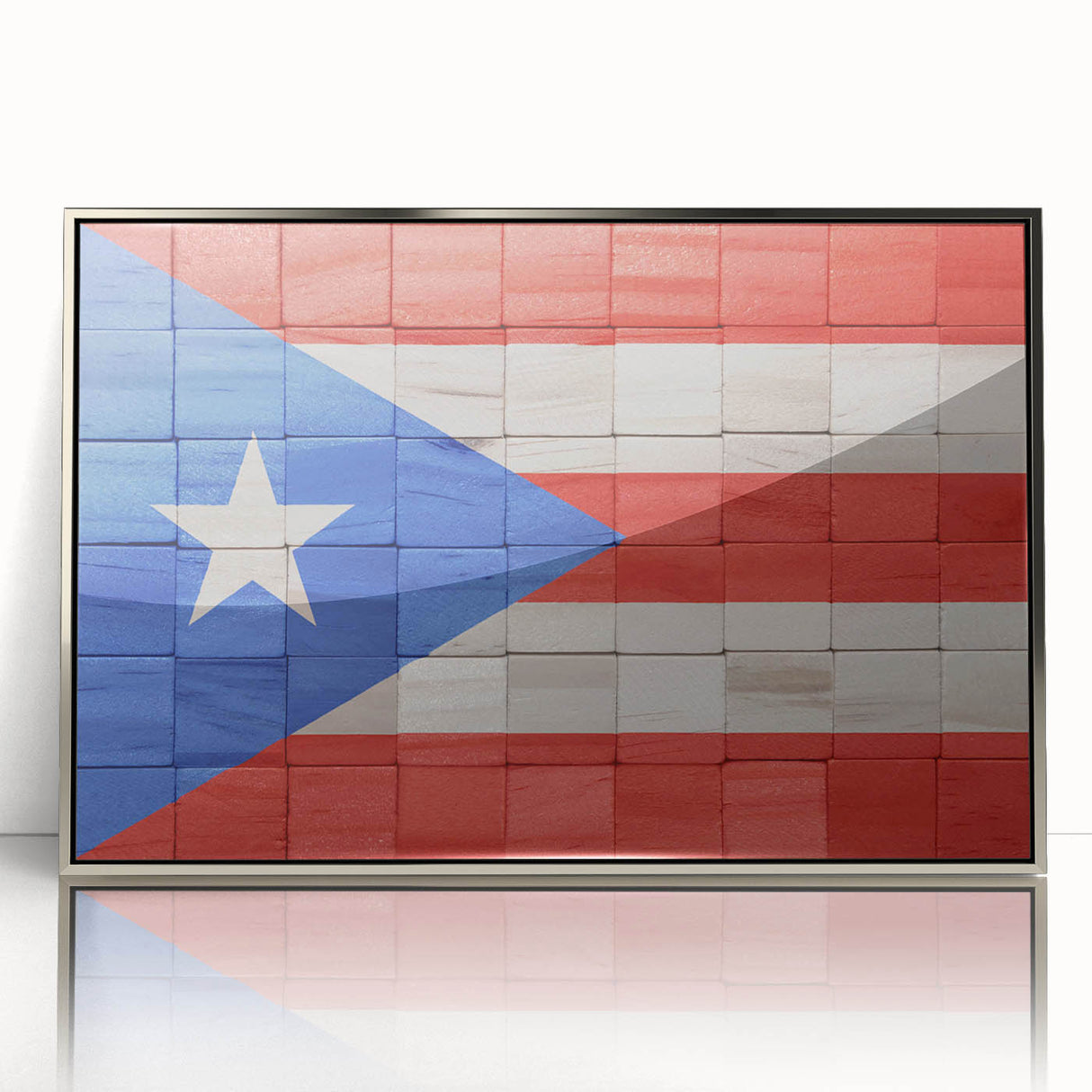 Framed acrylic print of a serene Puerto Rican coastline in muted blue and green tones, ideal for modern art wall decor.