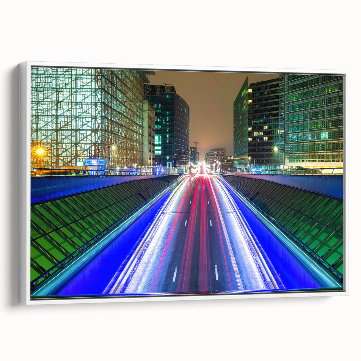 Vintage poster art of a European cityscape in colorful hues on extra large framed canvas, ideal for living room decor.