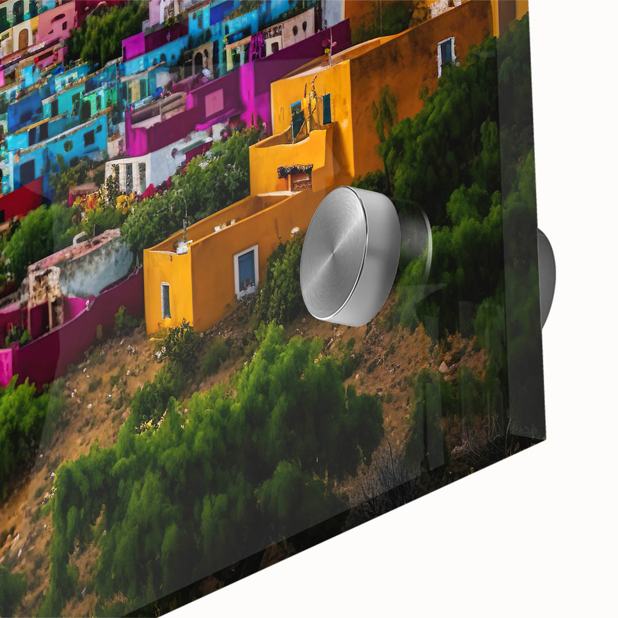 Large abstract wall art depicting a vibrant Oaxaca, Mexico scenery on acrylic glass, ideal for dining room art.