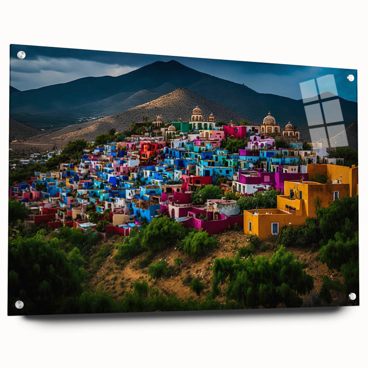 Large abstract wall art of Oaxaca scenery in vibrant colors on acrylic glass, suitable for bedroom or dining room decor.